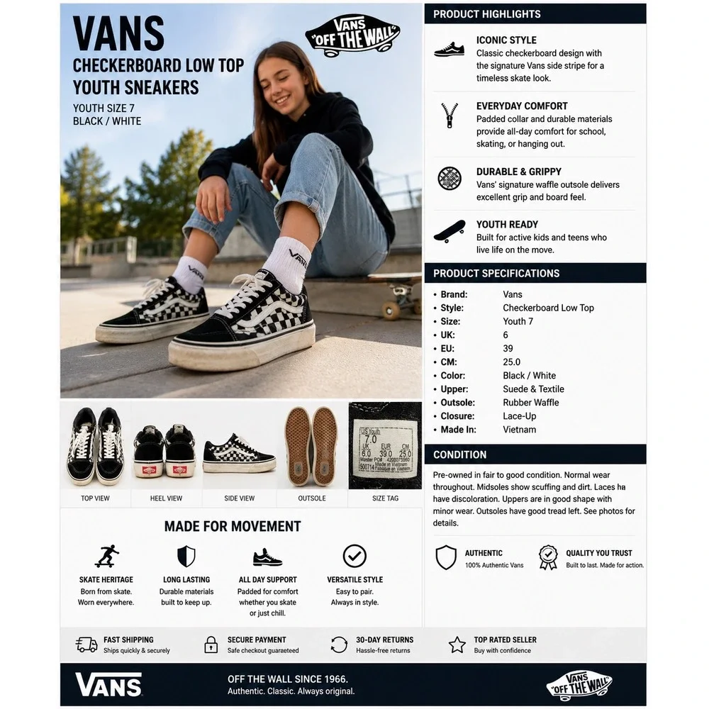 Vans Youth Size 7 Black White Checkerboard Suede Low Top Skate Sneakers Shoes